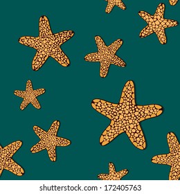 Contrast seamless pattern with orange starfishes on a dark green background