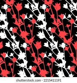 Contrast seamless pattern with organic plant twigs, red black white color, vector illustration for design