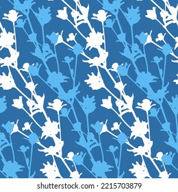 Contrast seamless pattern with organic plant twigs, blue white color, vector illustration for design