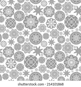 Contrast seamless pattern with ornate rounds. Symmetric mandalas ornament. Black and white background. Vector illustration.