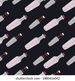 Contrast seamless pattern with pastel pink bottles wizard ornament. Black background. Designed for fabric design, textile print, wrapping, cover. Vector illustration