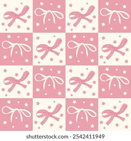 Contrast seamless pattern with pink and beige bows and stars on contrast squares, creating classic and elegant design perfect for wrapping or decorative use. Vector girlhood pattern illustration