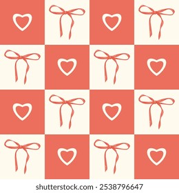 Contrast seamless pattern with red bows and hearts on light and red squares, creating classic and elegant design perfect for wrapping or decorative use. Vector girlhood pattern illustration