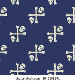 Contrast seamless pattern with simple pirate skulls and bones silhouettes. Horror print with navy blue background. Vector illustration for seasonal textile, fabric, banners, backdrops and wallpapers.