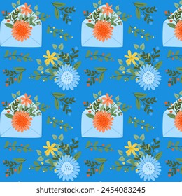 Kontrastiert nahtloses Muster mit stilisierten Blumenkompositionen und Umschlägen. Vektorgrafik flache handgezeichnete farbige Blume auf blauem Hintergrund. Frühlings- oder Sommerkonzept für Textil oder Bildschirmhintergrund
