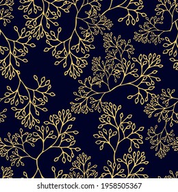 Contrast seamless pattern with yellow herbal twigs on deep blue background. Vector illustration. Good print for wallpaper, textile, wrapping paper, ceramic tiles, packaging design.