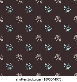 Contrast seamless scary pattern with creative skull and bone blue colored shapes on dark brown background. Stock illustration. Vector design for textile, fabric, giftwrap, wallpapers.