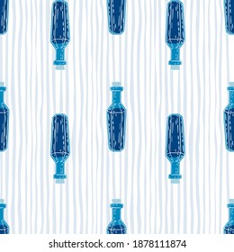 Contrast seamless witchy pattern with navy blue bottle potion shapes. Striped background. Designed for fabric design, textile print, wrapping, cover. Vector illustration