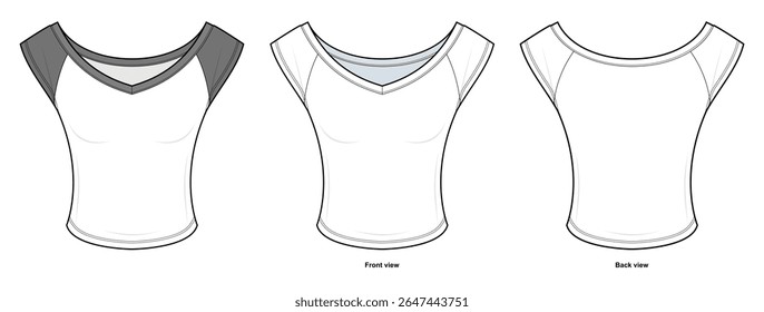 Contraste Ombro V-Pescoço equipado Top Ilustração de Moda Técnica. Manga Curta Alongar Parte Superior com Modelo de Vetor Decote Largo. Projetos Frontal e Traseiro. Vestuário Ativo Feminino. Conjunto de montagem CAD.