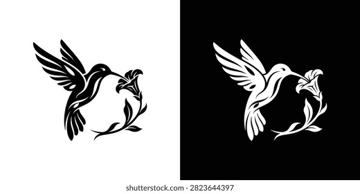A contrast of a stylized hummingbird hovering near a flower, rendered in solid black and white silhouette style.