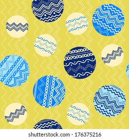 Contrast texture with circles and hand-drawn ornaments. Blue and yellow simple background for decoration.
