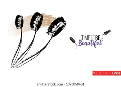 Cepillos ovalados de estilo de cepillo de dientes de contraste con etiqueta de texto: tiempo para ser hermoso. Anuncio de moda para el salón de maquillaje, tienda de belleza. Fondo promocional para maquillador, estilista de belleza, blog de moda.