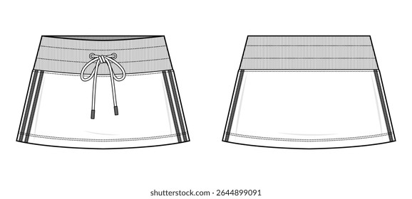 Contrast Trim Mini Skirt Technical Fashion Illustration. Drawstring Waistband Skirt Vector Template. Front and Back View. Athleisure Bottomwear. CAD Mockup set.