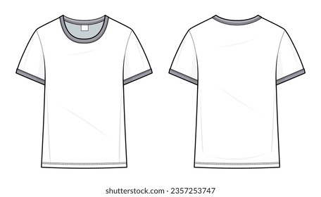 Contrast T-shirt technical fashion illustration. Contrast T-shirt vector template illustration. regular fit, short sleeve, Crew neck, front and back view. unisex. white color. CAD mockup.