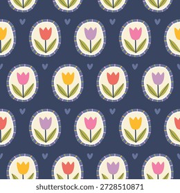 Patrón transparente de tulipán de contraste sobre fondo azul oscuro con corazones y sentimiento floral. Iconos ingenuos modernos del doodle con las flores florecientes brillantes para los textiles elegantes de los niños, la tela o el Fondo de pantalla del vivero