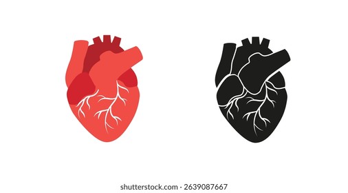 Contrast of two anatomical hearts in red and black highlights dual symbolic medical meanings.