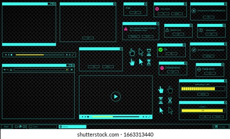 Contrast UI of desktop elements: web browser window, video player, error message, computer cursor