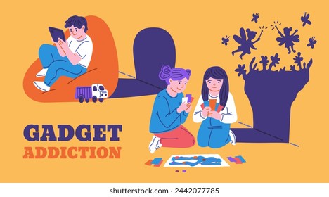Contrast in the use of children's gadgets. Vector illustration of a lonely child sitting with a tablet while other children enjoy games without gadgets. Children's Internet addiction.