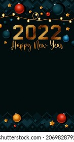 Contrast vector illustration for 2022 New Year greeting. Golden text, sparkling garland and multicolor tree toys against black knitted texture. Vertical banner, flyer, poster, social media story