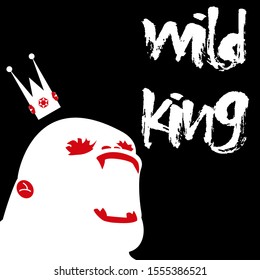 Contrast vector illustration. Gorilla head with a crown screams violently against a black background.