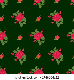 Contrast vector seamless pattern with roses and rosebuds on dark green. 