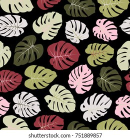 Contrast vector tropical pattern with jungle leaves bohemian decor, seamless textile background. Floral jungle ornament with monstera leaf tropical seamless pattern. Monstera plant background.