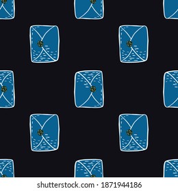 Contrast vintage retro seamless pattern with blue letter ornament. Black background. Great for fabric design, textile print, wrapping, cover. Vector illustration.