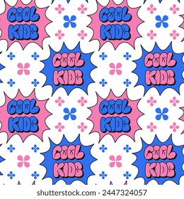 Patrón sin fisuras vintage de contraste con letras. Texto Cool niños en estilo de la calle burbuja. Concepto de moda del estilo de los años 90 sobre fondo blanco. Bueno para el diseño de impresión para textil, Fondo de pantalla, envoltura