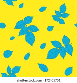 Contrast yellow and blue colored seamless pattern with raspberry leaves. Plain shadeless background with blackberry or raspberry leaves for decoration.