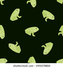 Contrast zoo marine seamless pattern with doodle green frog silhouettes print. Dark brown background. Stock illustration. Vector design for textile, fabric, gift wrap, wallpapers.
