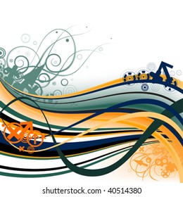 contrasting abstract dark and orange background with wavy lines, ornament and arrows