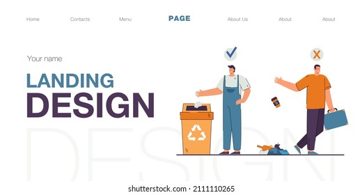 Contrasting behavior of people throwing out trash. Flat vector illustration. Man throwing garbage on street past can and guy disposing of litter correctly. Environment, pollution, ecology concept