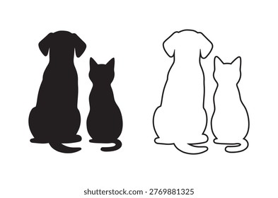 A contrasting black and white image featuring silhouettes of cats and dogs facing one another.
