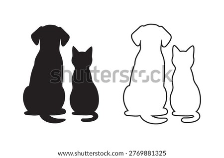A contrasting black and white image featuring silhouettes of cats and dogs facing one another.