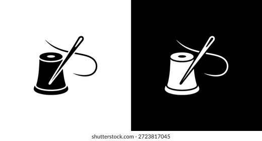 A contrasting black and white image of a sewing needle with thread and a spool.