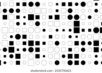 Contrasting black and white shapes with randomized sizes and fill styles