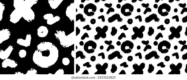 Contrasting black and white vector set of strokes, spots, dots, crosses, doodle craft shapes, circles. Children's brush, marker, pencil hand drawn elements for fabric design, background, gifts, cards