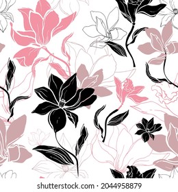 Contrasting floral black and pink seamless pattern of lilies, drawn vector flowers on a white background for fabric, wallpaper and paper.