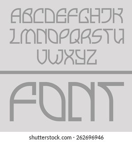 Contrasting font. Letters in alphabetical order, consisting of semi-circular and straight elements.