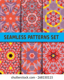 Contrasting geometric seamless patterns set. 6 illustrations and Swatch.