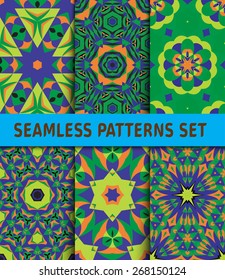 Contrasting geometric seamless patterns set. 6 illustrations and Swatch.
