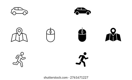 Contrasting icons representing transportation, technology, and activity modes