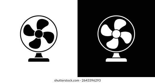 Uma imagem contrastante mostrando dois ventiladores elétricos. Um ventilador é preto sobre um fundo branco, enquanto o outro é branco sobre um fundo preto. 158