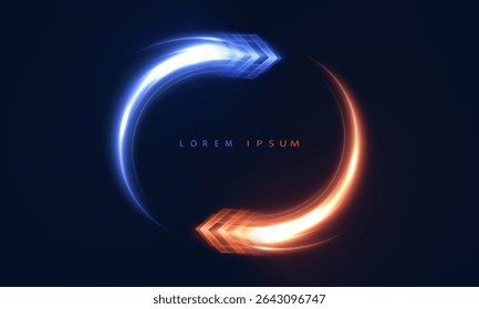 O fluxo luminoso circular contrastante com setas brilhantes é um símbolo de aceleração, fluxo e interação. Adequado para tecno-design, interfaces de ficção científica, temas de jogos.