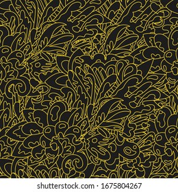 Contrasting luxury seamless vector pattern,yellow intermingled foliage outlines on a black background