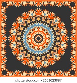Ornamento multicolorido contrastante em um fundo preto para uma bandana, lenço, toalha de mesa, tapete ou outro. Ilustração vetorial