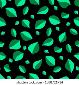Contrasting pattern of bright green leaves on a black background. Suitable for decor, textiles, packaging paper, night scenery