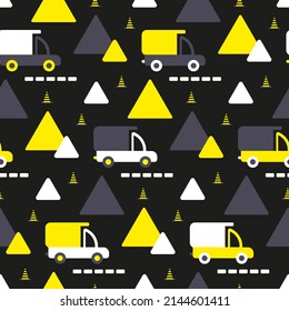 Contrasting pattern with cars. Construction dump trucks, mountains of sand, traffic cones. Dark black yellow seamless print with riding vehicles for boys outerwear fabric. Texture for covers, textile.