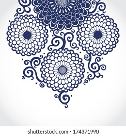 Contrasting pattern with large flowers and curls. Blue floral background. It can be used for decorating of wedding invitations, greeting cards, decoration for bags and clothes.