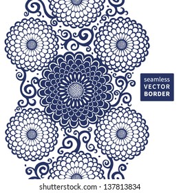 Contrasting seamless border with large flowers and curls in retro style.